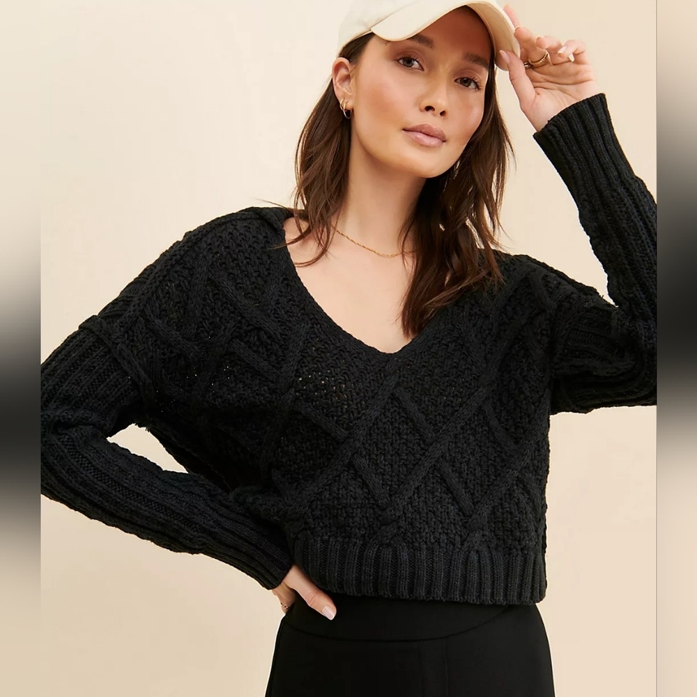 Free People Women's Cable Knit Black LARGE Preppy Cottagecore‎ Feminine Sweater